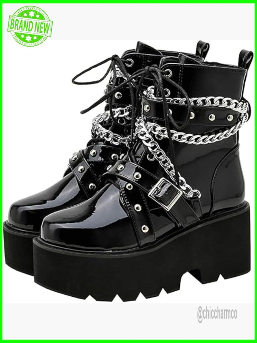 Patent Leather Platform Chunky Heel Lace Up Combat Boots